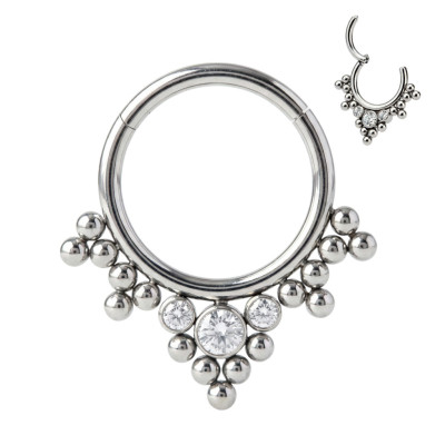 Implant Grade Titanium Hinged Segment Hoop Ring With 3 Bezel Set Zirconia and Clustered Tribal Beads
