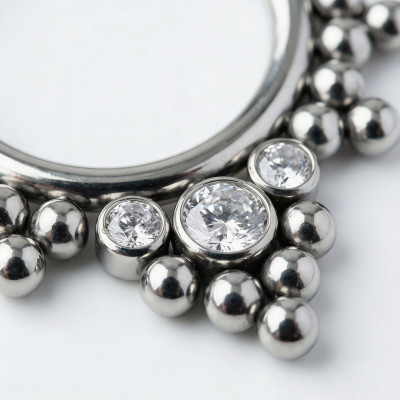 Implant Grade Titanium Hinged Segment Hoop Ring With 3 Bezel Set Zirconia and Clustered Tribal Beads