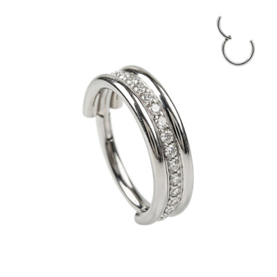 Implant Grade Titanium Hinged Segment Hoop Ring With Outward Facing Triple Stacked CZ Center Line