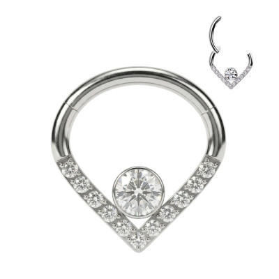 Aro en Forma de Chevron con Bisagra de Titanio Grado Implante y Circonitas en Pavé y Bisel Central