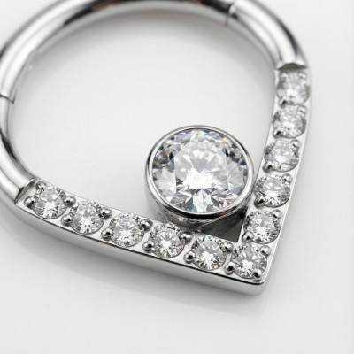 Implant Grade Titanium Hinged Segment Hoop Ring With Pave CZ Single Line Chevron and CZ Center