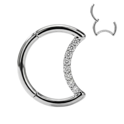 Implant Grade Titanium Hinged Segment Hoop Ring With Pave CZ Crescent Moon