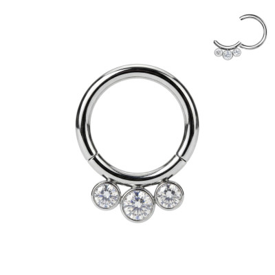 Implant Grade Titanium Hinged Segment Hoop Ring With 3 Bezel Set Forward Facing Crystals