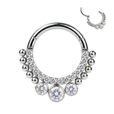 Implant Grade Titanium Hinged Segment Hoop Ring Lined With Pave CZ and Beads with 3 Bezel Set CZs