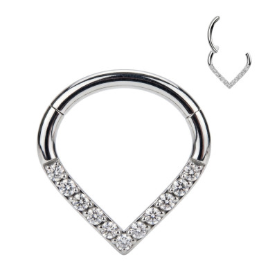 Implant Grade Titanium Hinged Segment Hoop Ring With Pave CZ Single Line Chevron
