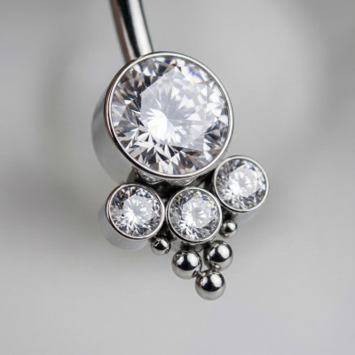 Implant Grade Titanium Internally Threaded Bezel Set CZ Top With Bottom CZ Center and Trinity Ball Cluster