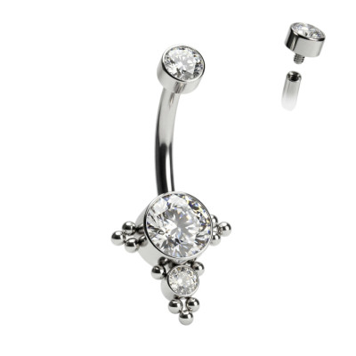 Implant Grade Titanium Internally Threaded Bezel Set CZ Top With Bottom 2 CZ and Ball Cluster Belly Button Ring