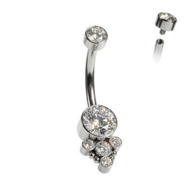 Implant Grade Titanium Internally Threaded Bezel Set CZ Top With Bottom 5 CZ and Ball Cluster Belly Button Ring