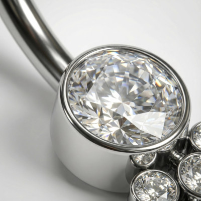 Implant Grade Titanium Internally Threaded Bezel Set CZ Top With Bottom 5 CZ and Ball Cluster Belly Button Ring