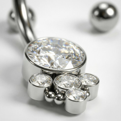 Joya para Ombligo de Titanio con Circonita en Bisel de Rosca Interna y Conjunto de 5 Circonitas con Esferas