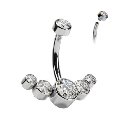 Implant Grade Titanium Internally Threaded CZ Bezel Set Top With 5-CZ Curved Line Belly Button Ring
