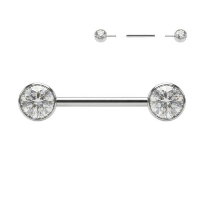 Implant Grade Titanium Threadless Push in Nipple Barbell With Forward Facing Bezel Set CZ Flat Ends