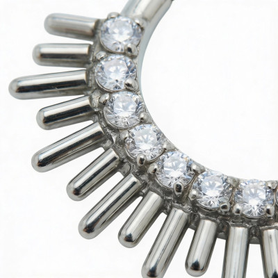 Implant Grade Titanium Hinged Segment Hoop Ring With Forward Facing CZ Pave and Spiked Edge Fan