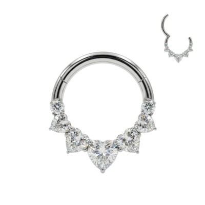 Titanium Hinged 5 Heart CZ Segment Hoop Ring With 2 Round CZ Ends