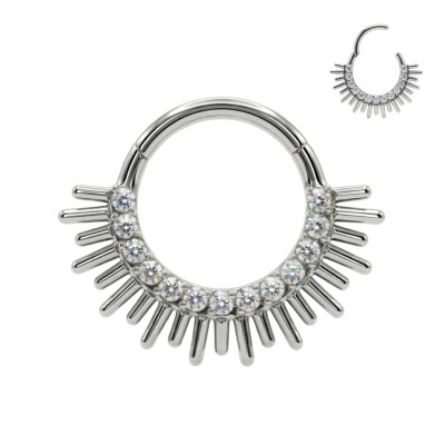 Implant Grade Titanium Hinged Segment Hoop Ring With Forward Facing CZ Pave and Spiked Edge Fan